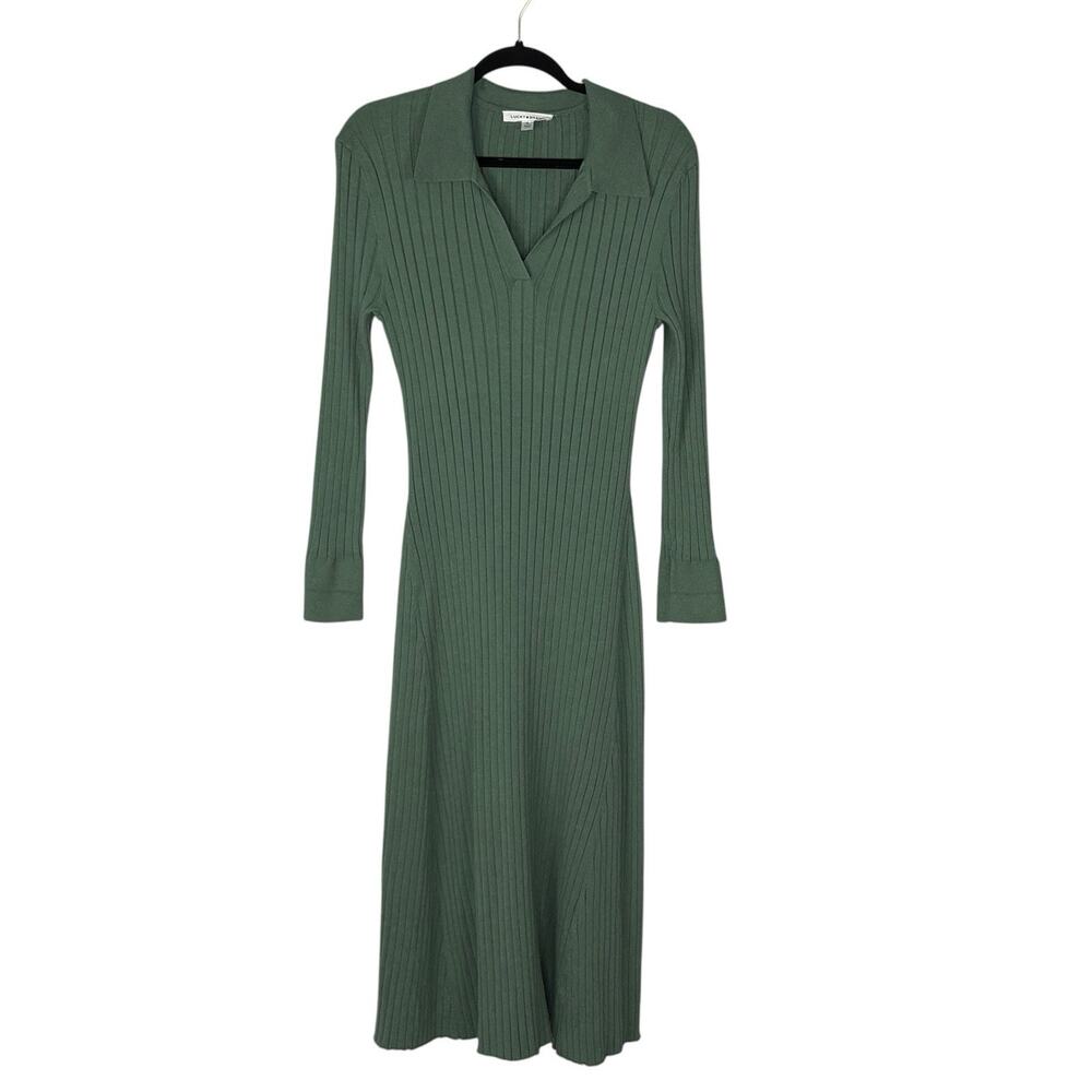 Lucky Brand Midi Sweater A Line Dress Ribbed Collared Sage Green Neutral Size XL